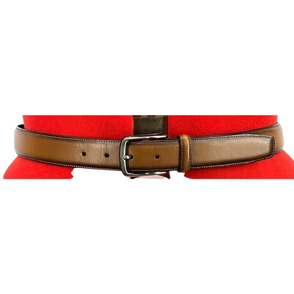 Roundtree & Yorke Brown Leather Belt Brushed Nickel Buckle Men 33.5”-37.5”